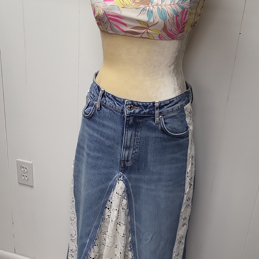 Boho Denim Maxi Skirt with White Lace Panels, Size 8 - Picture 2 of 11